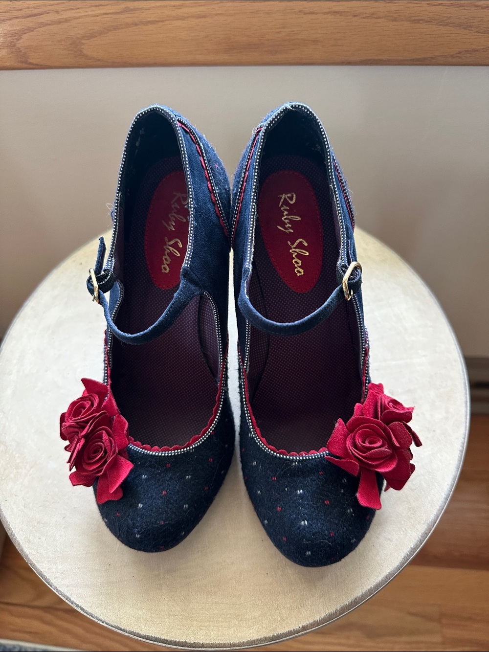 Ruby Shoo Navy Mary Jane Heels with Red Rose Accent - Picture 2 of 4